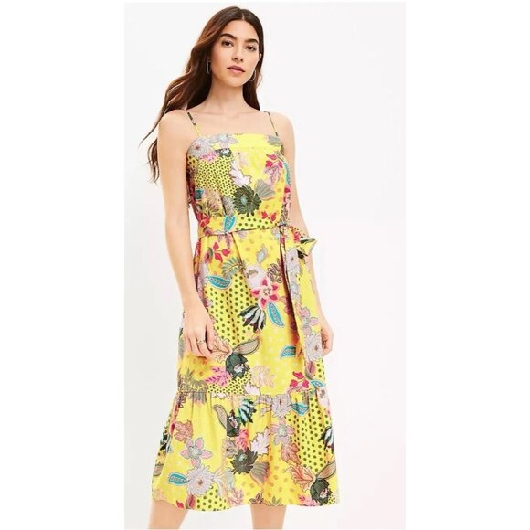 NEW LOFT Midi sundress Yellow Floral Sunwashed tiered square neck sz 12 flounce‎ - Picture 1 of 11